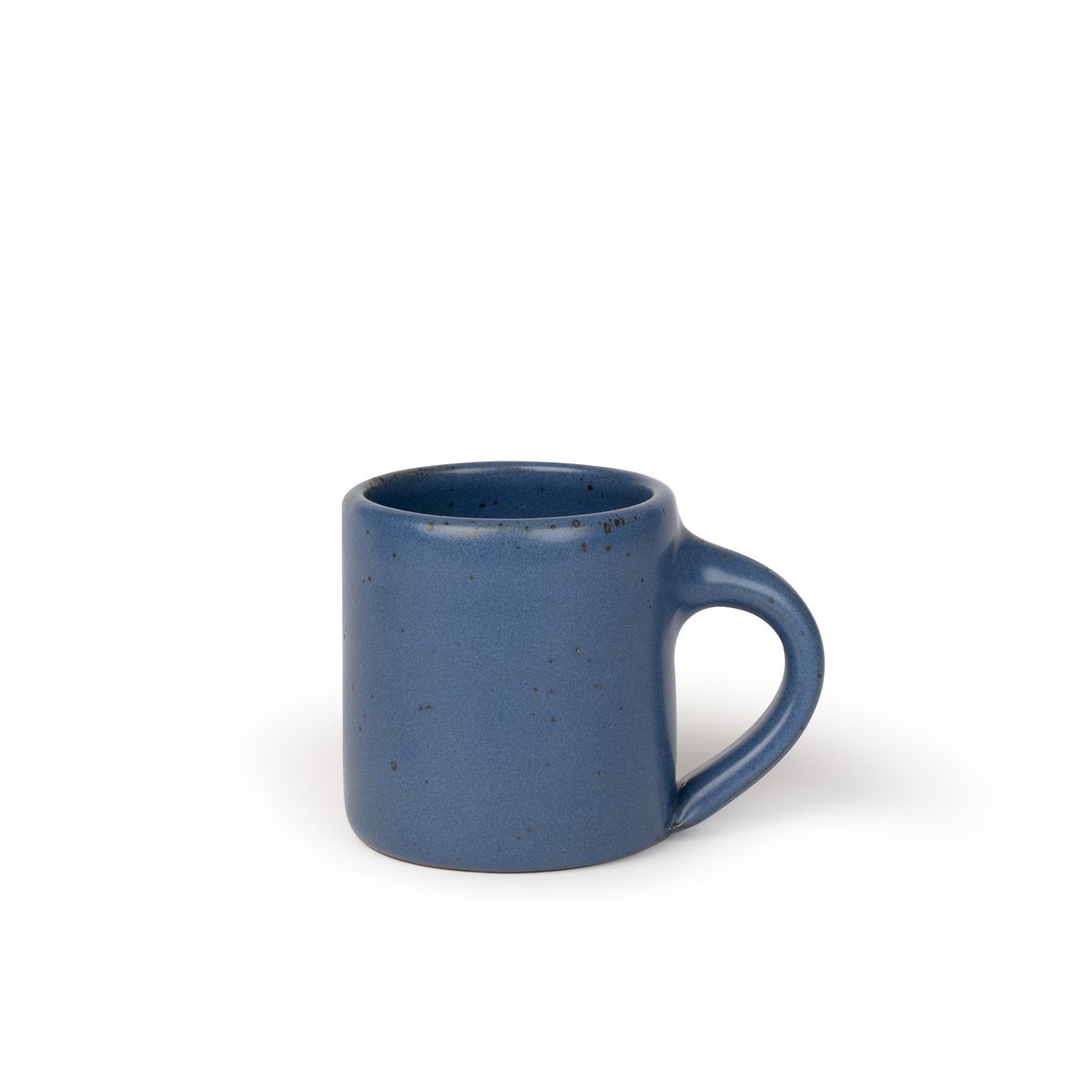 A medium sized ceramic mug with handle in a cool, medium blue color featuring iron speckles