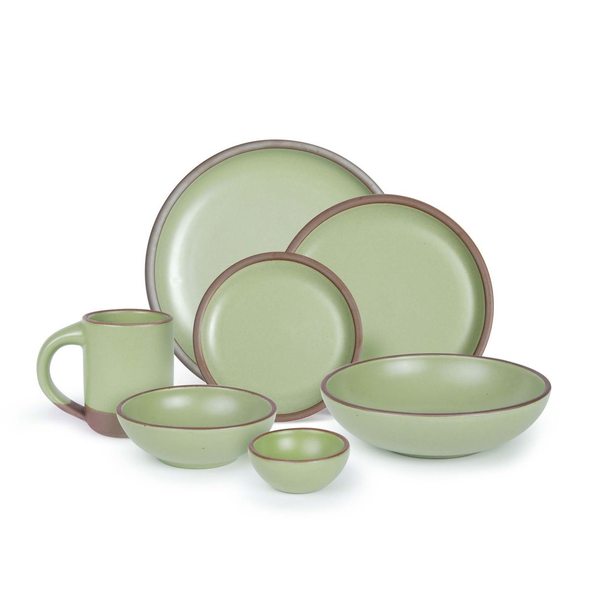 The Mug, bitty bowl, breakfast bowl, everyday bowl, cake plate, side plate and dinner plate paired together in a calming sage green color featuring iron speckles