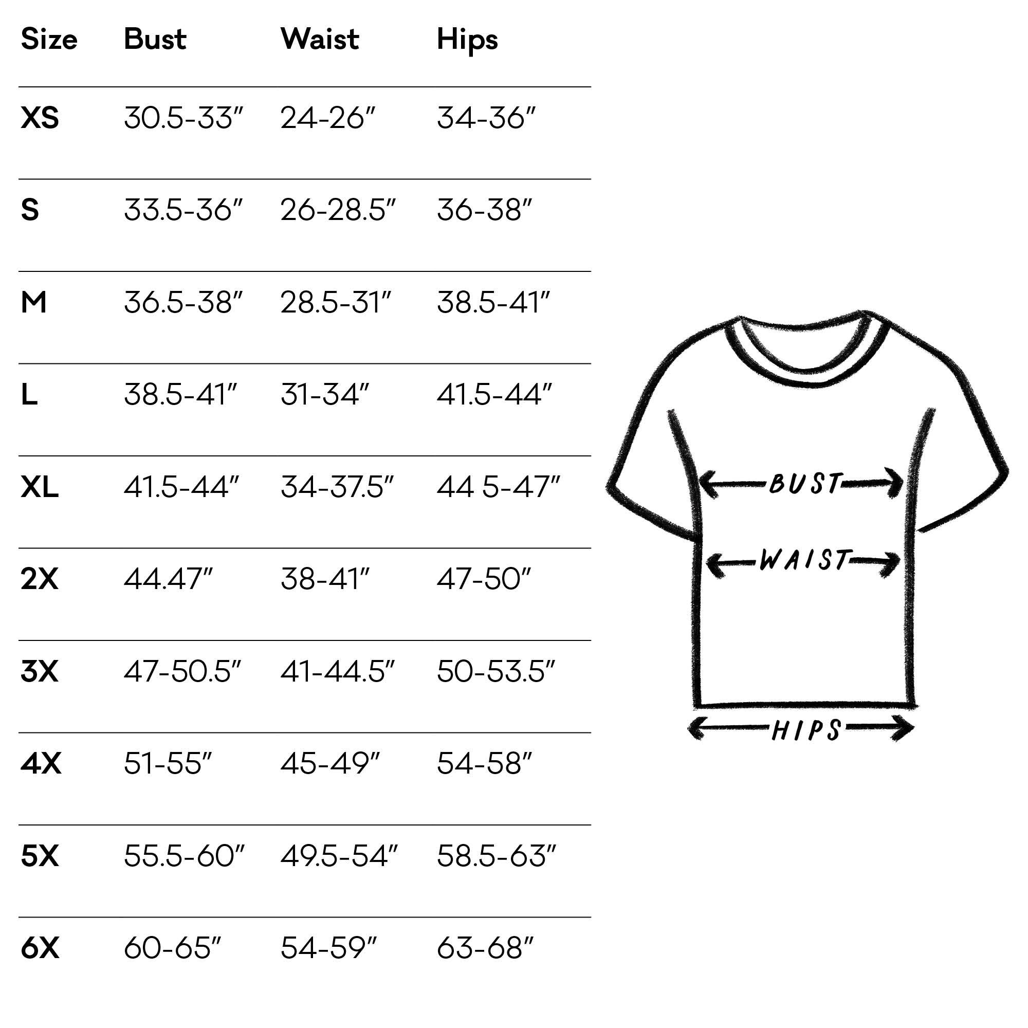A black and white size chart for the t-shirt with measurements and a tee illustration.