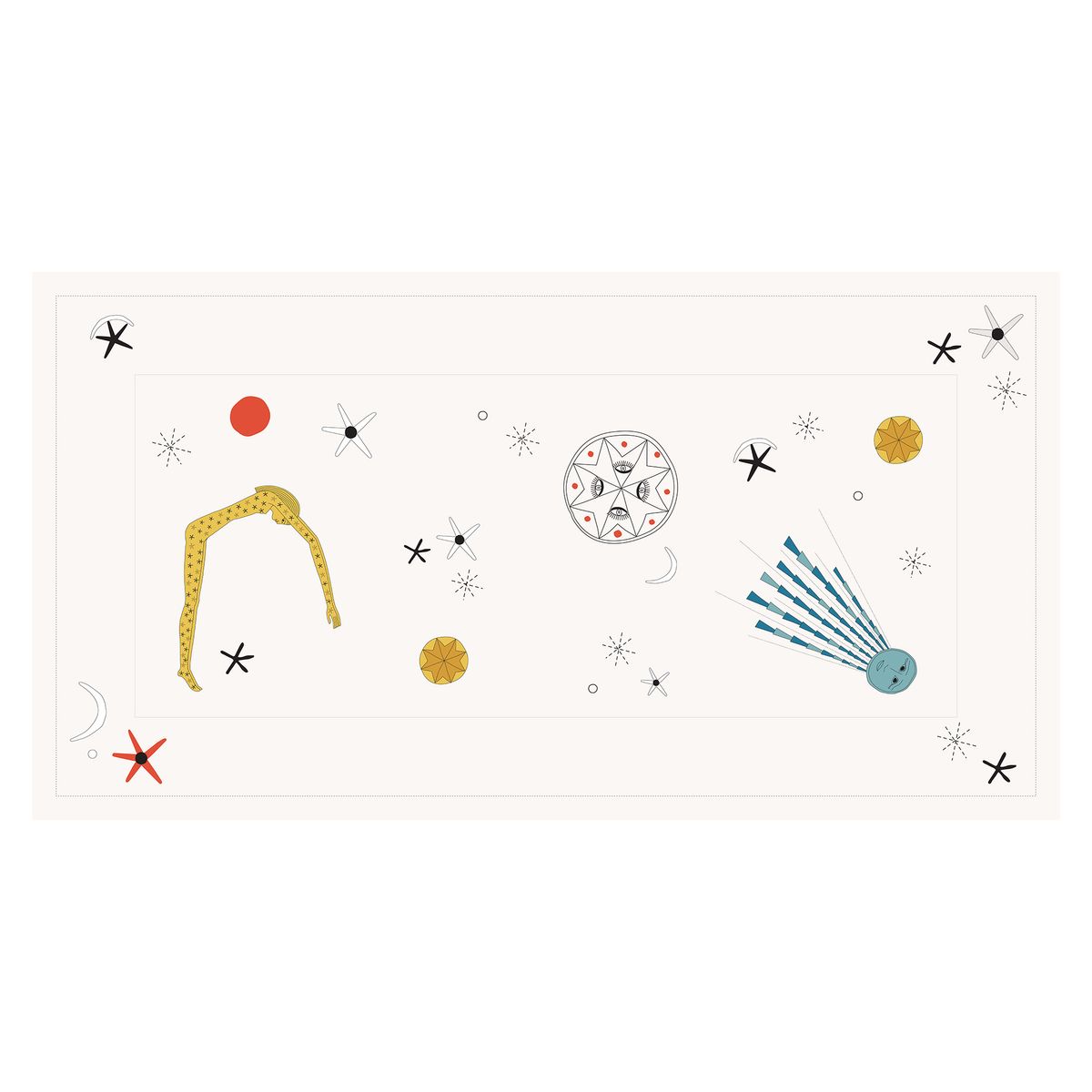 White tablecloth with surrealist planets, stars, and sky prints