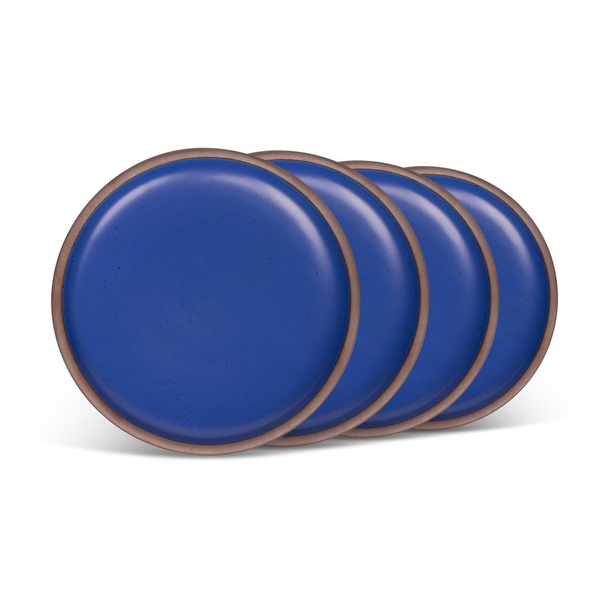 4 medium sized ceramic plates in a cobalt blue color featuring iron speckles and an unglazed rim.
