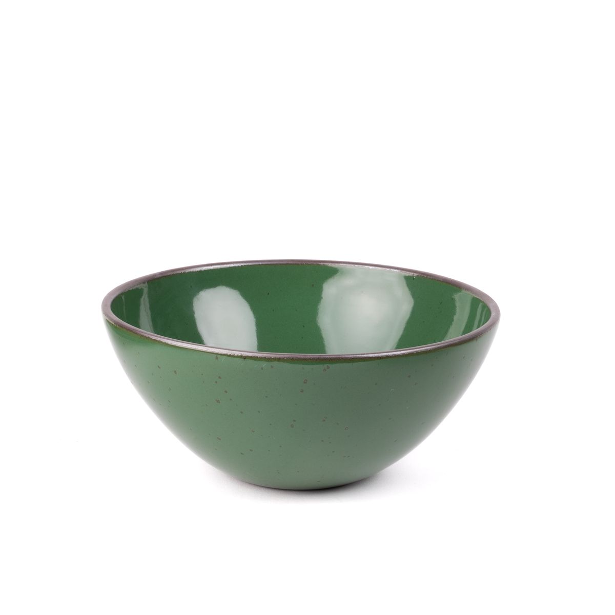 A large rounded ceramic bowl in a glossy emerald green color featuring iron speckles and an unglazed rim