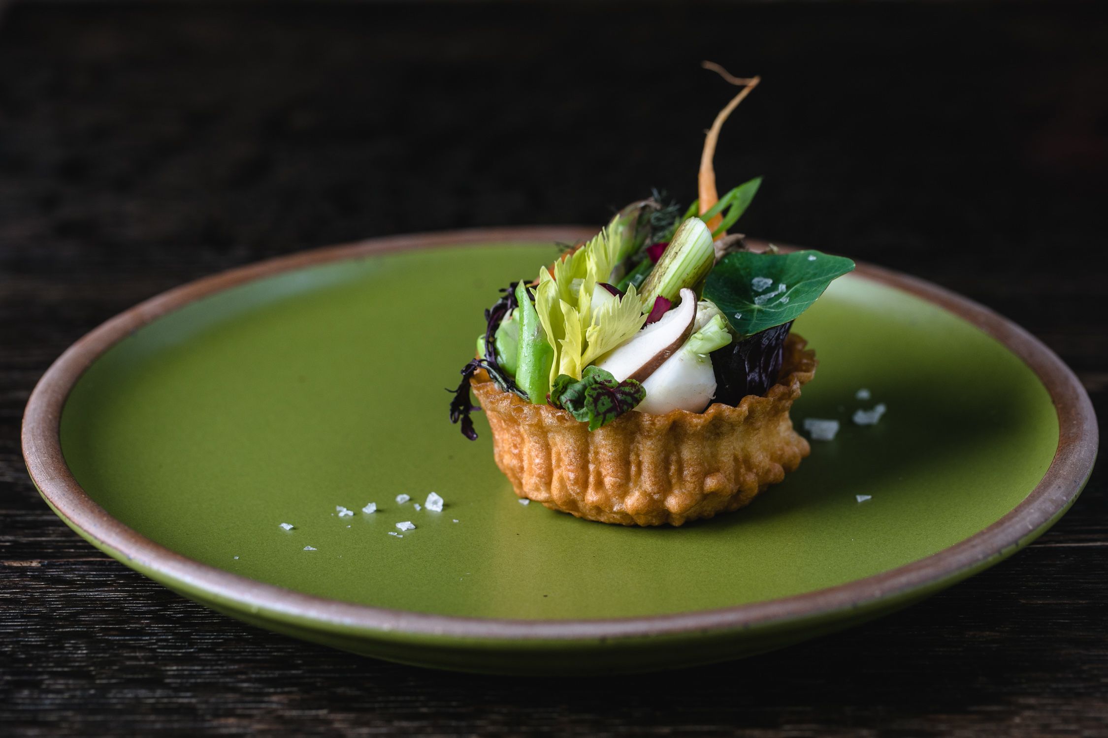 Vegetable tart on Fiddlehead East Fork dinner plate