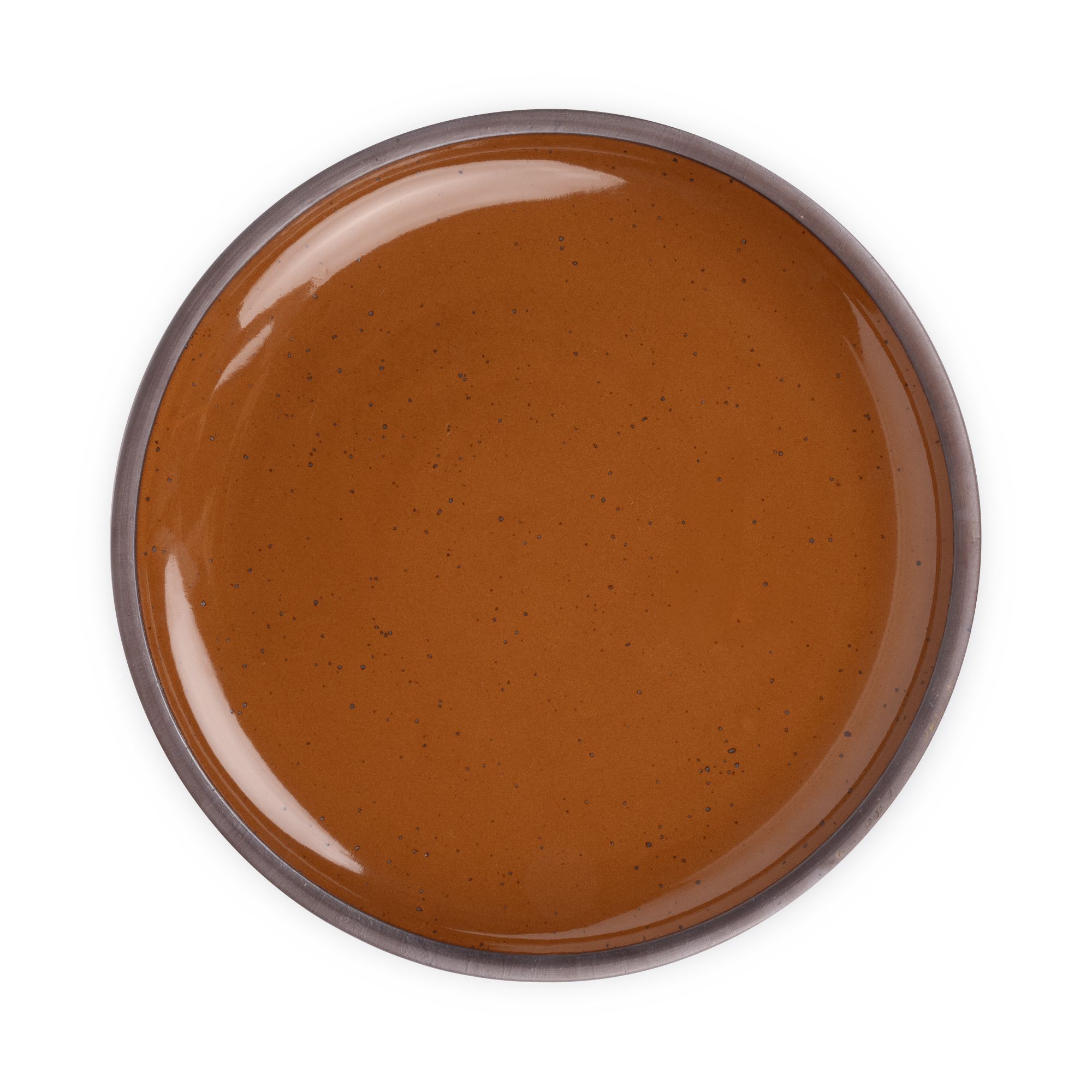 A large ceramic platter in a glossy caramel brown color featuring iron speckles and an unglazed rim.