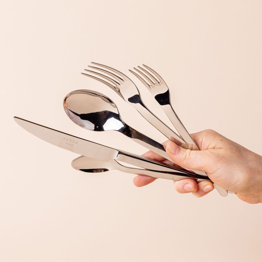 Hand holding classic minimal shiny stainless steel flatware, including a salad fork, dinner fork, knife, spoon, and soup spoon.
