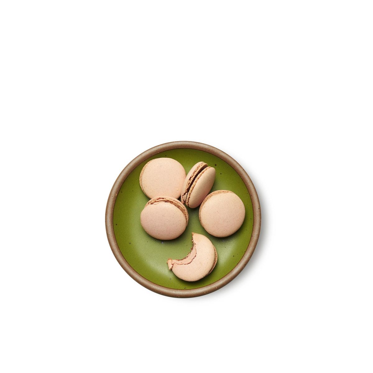 Cake Plate in Fiddlehead - a mossy, olive green. Pictured with a four macaroons.