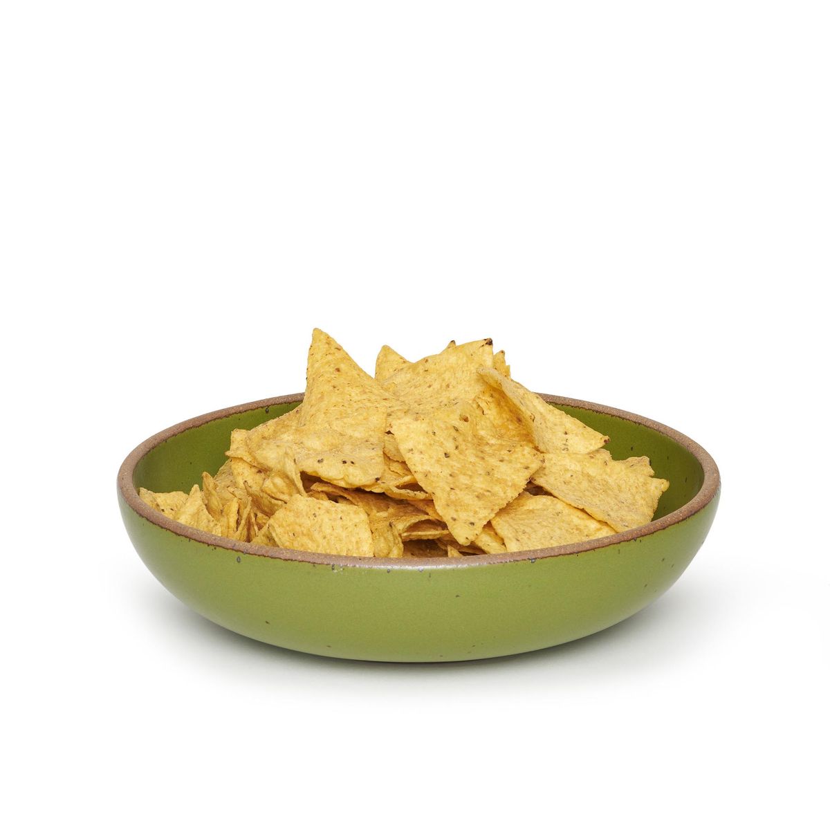 The Weeknight Serving Bowl, a mossy olive green. Filled with a party serving of tortilla chips.