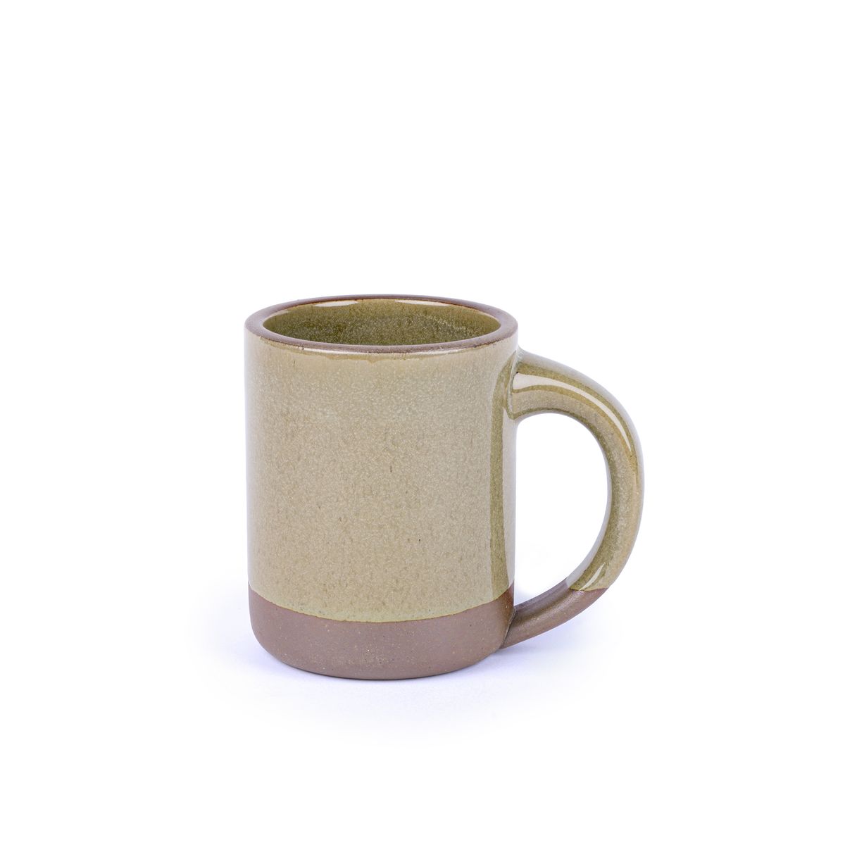 A medium sized ceramic mug with handle in a reflective dappled grey-green color.