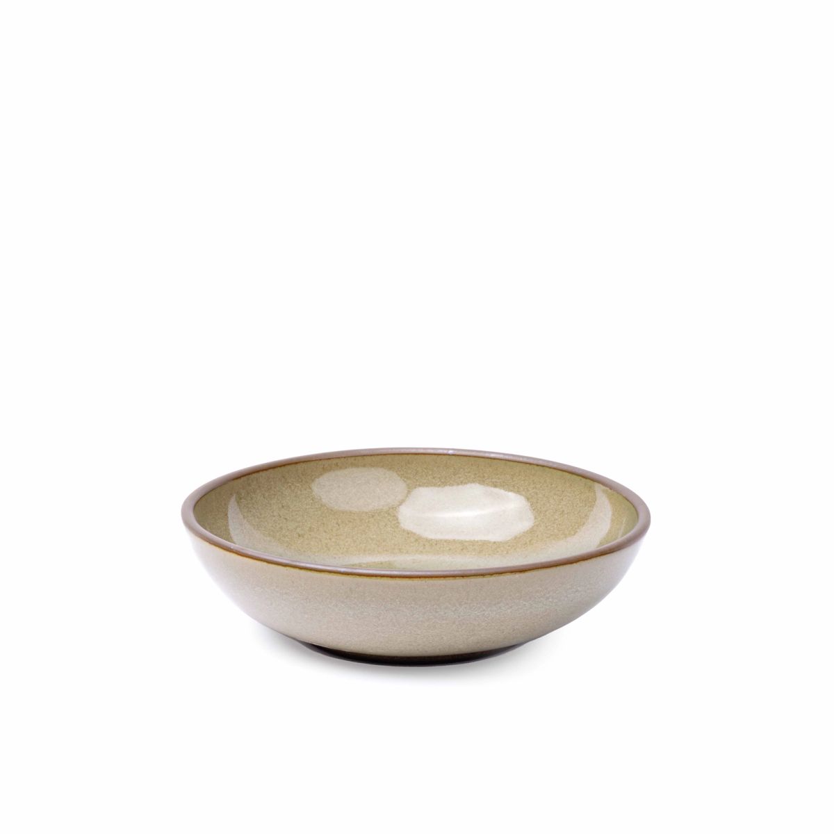 A dinner-sized shallow ceramic bowl in a reflective dappled grey-green color featuring an unglazed rim
