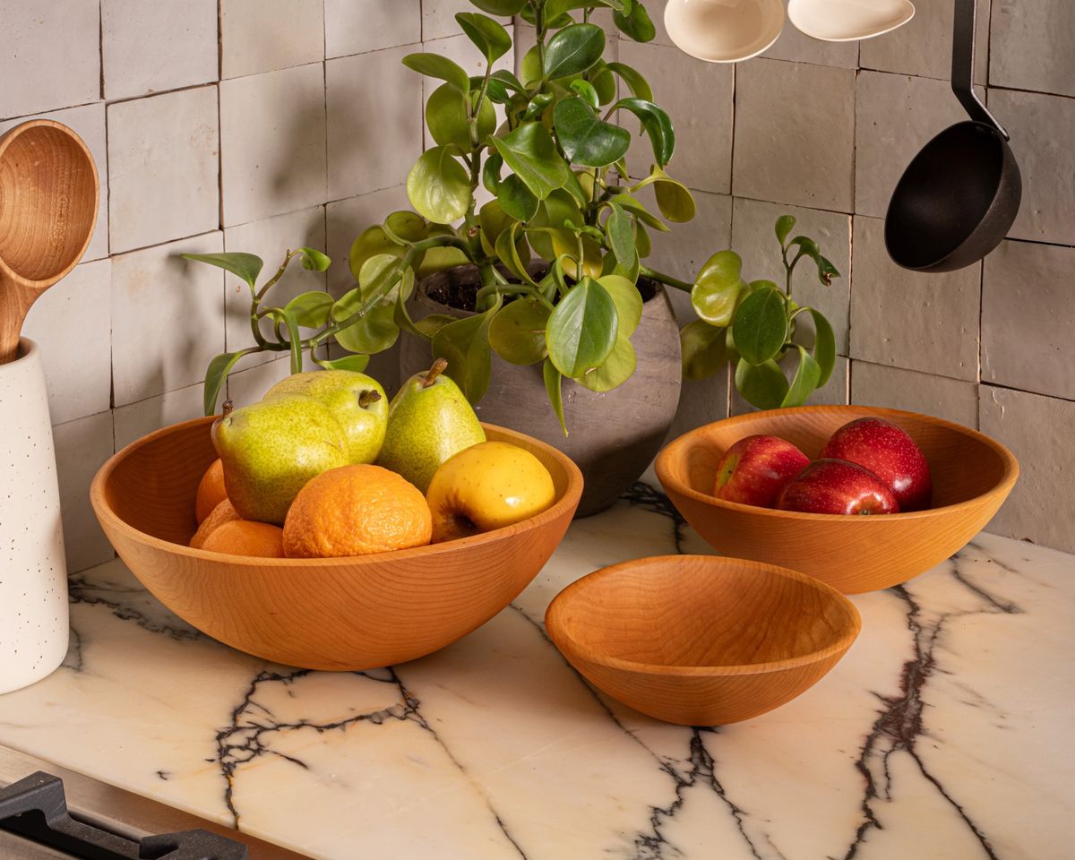 Wooden bowls filled with fresh fruit sit on a marble countertop beside a leafy potted plant in a warm, inviting kitchen scene.