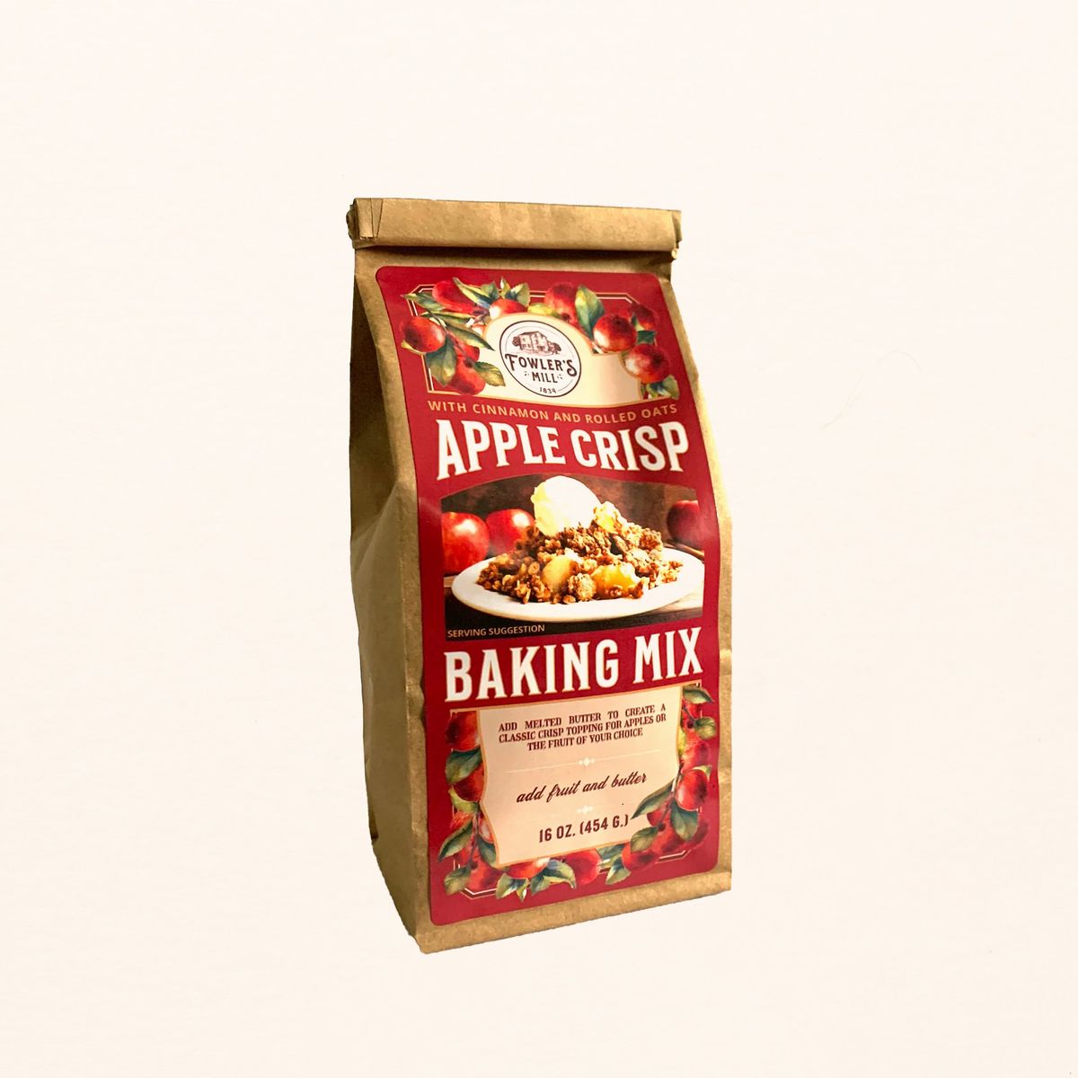 A kraft bag with a red label on the front that reads 'Apple Crisp Baking Mix' with a photo of the Apple Crisp.