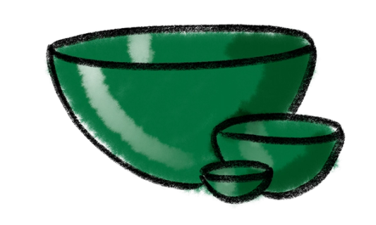 A simple crayon drawing of 3 bowls in tiny, medium, and large sizes with a watercolor wash in an emerald green color