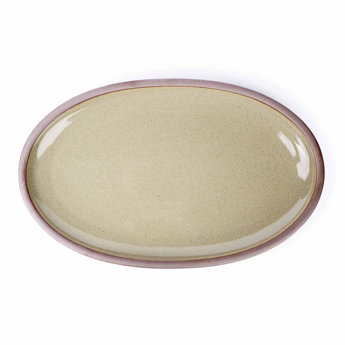 A large oval ceramic platter in a reflective dappled grey-green color with an unglazed rim