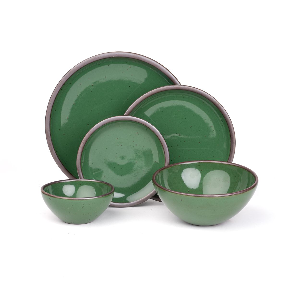 An ice cream bowl, soup bowl, cake plate, side plate and dinner plate in a glossy emerald green color featuring iron speckles