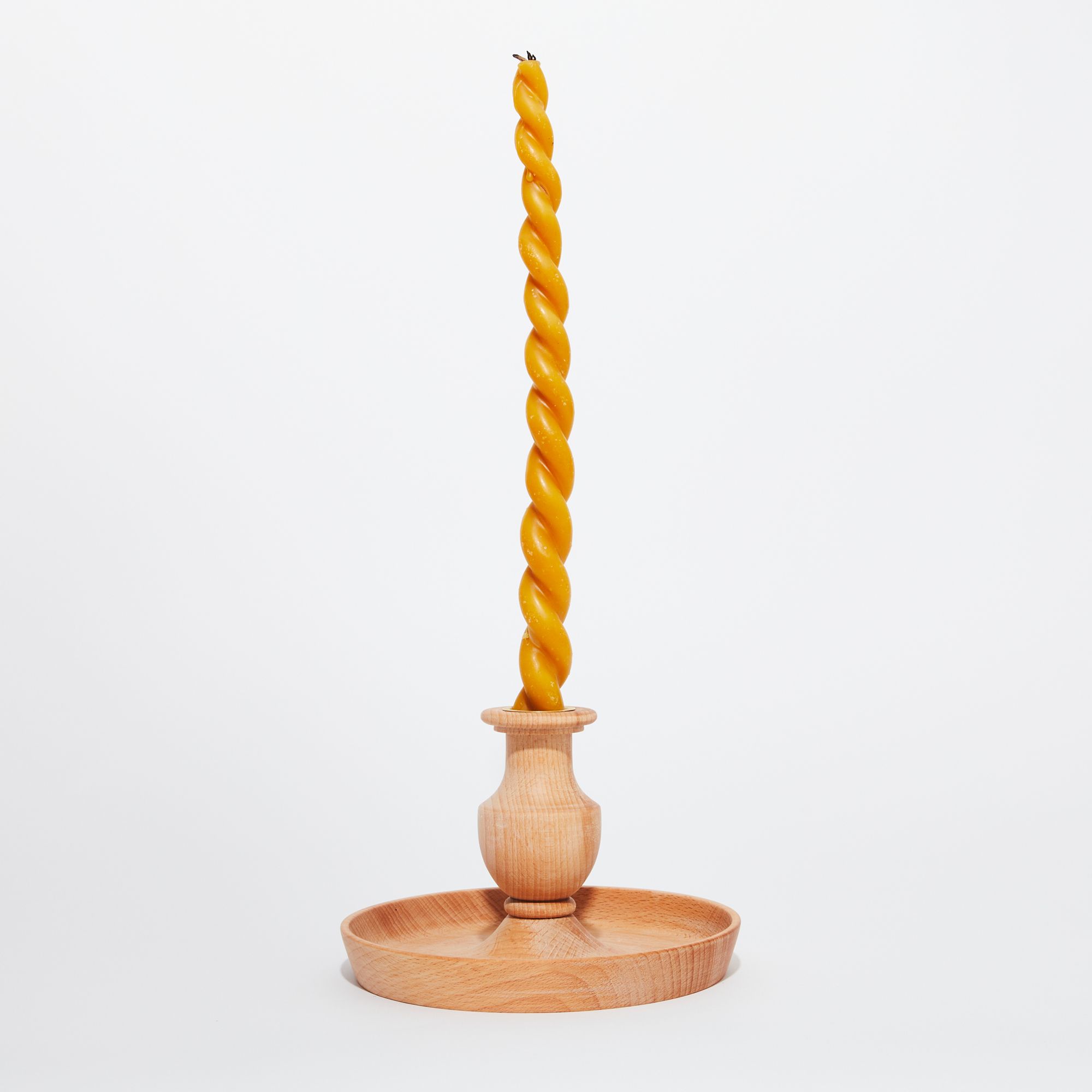Wooden circular candle holder with tray with beeswax twist candle