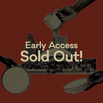 A graphic collage of hands holding ceramic plate, bowl, and mug and a cut-out of The Bean sculpture in Chicago, IL. Overlay text reads 'Early Access Sold Out!'