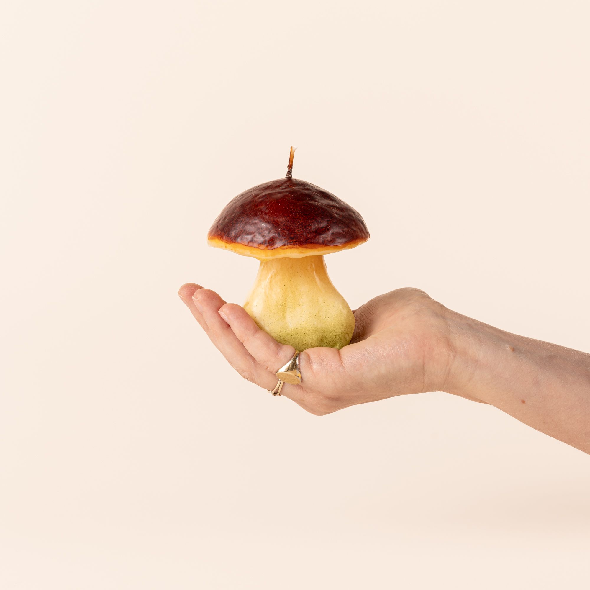 A hand holds a candle that looks like a wild mushroom with a dark red top.