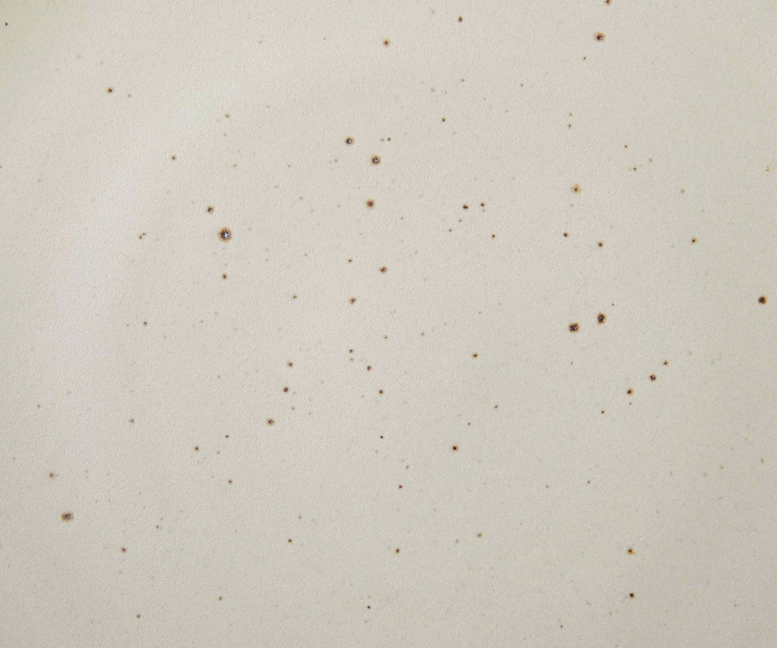 Closeup of a warm off white glaze with iron speckles