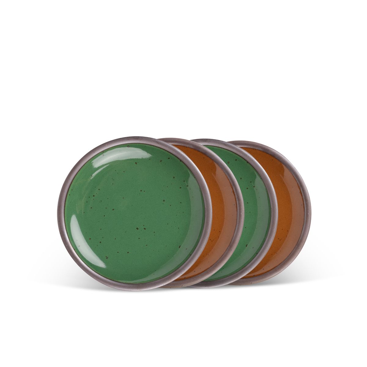 A stack of 4 dessert sized ceramic plates in glossy caramel brown and glossy emerald green colors featuring iron speckles and an unglazed rim.