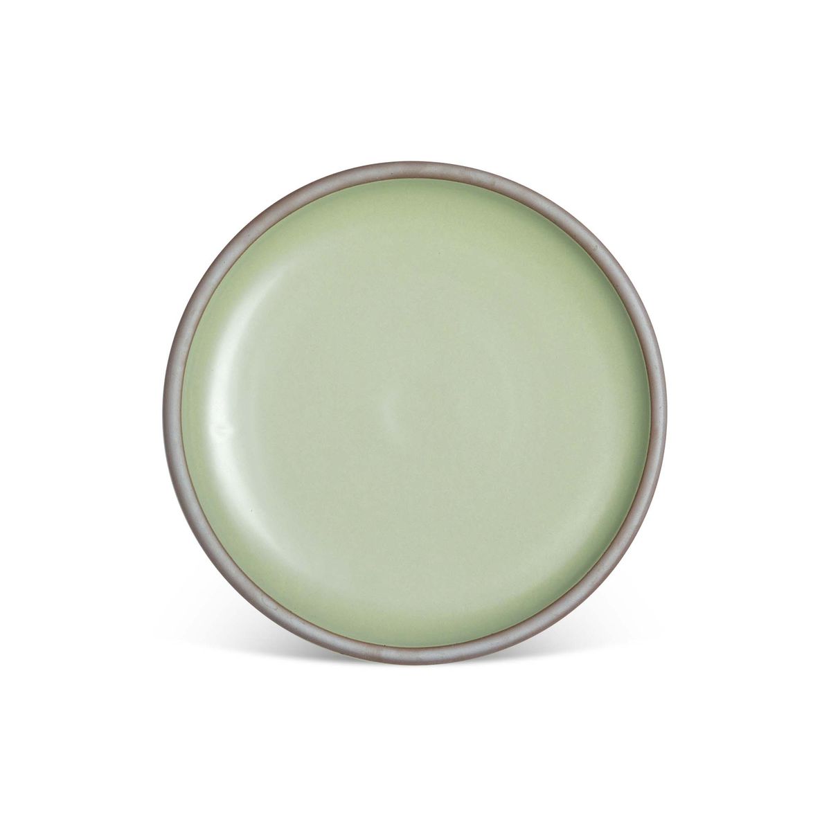 A dinner sized ceramic plate in a calming sage green color featuring iron speckles and an unglazed rim