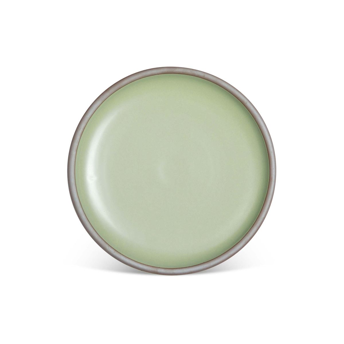 A dinner sized ceramic plate in a calming sage green color featuring iron speckles and an unglazed rim