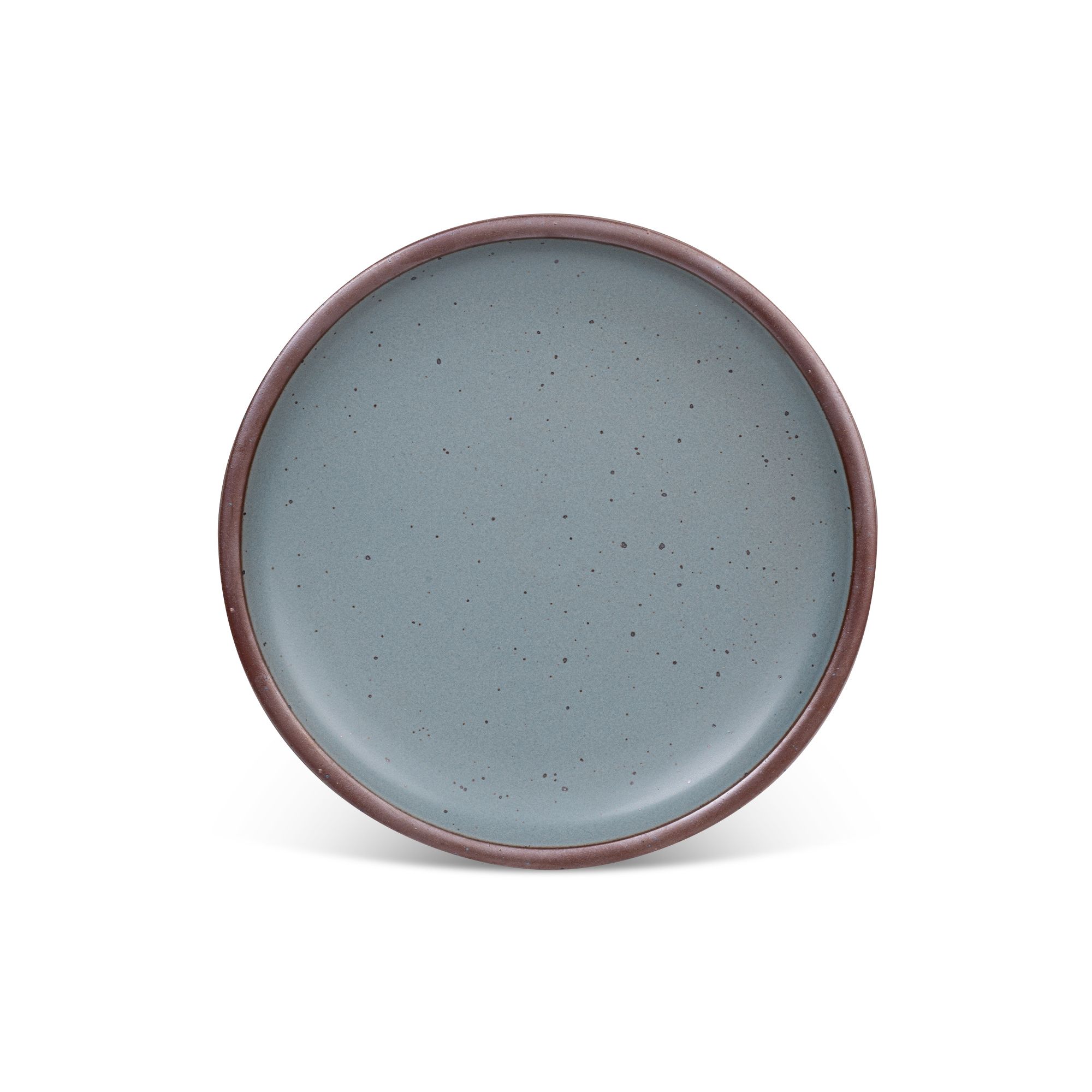 A dinner sized ceramic plate in a blue-grey color featuring iron speckles and an unglazed rim