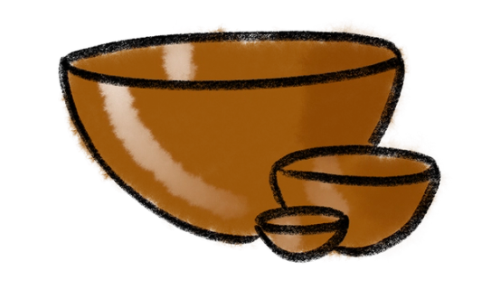 A simple crayon drawing of 3 bowls in tiny, medium, and large sizes with a watercolor wash in a caramel brown color