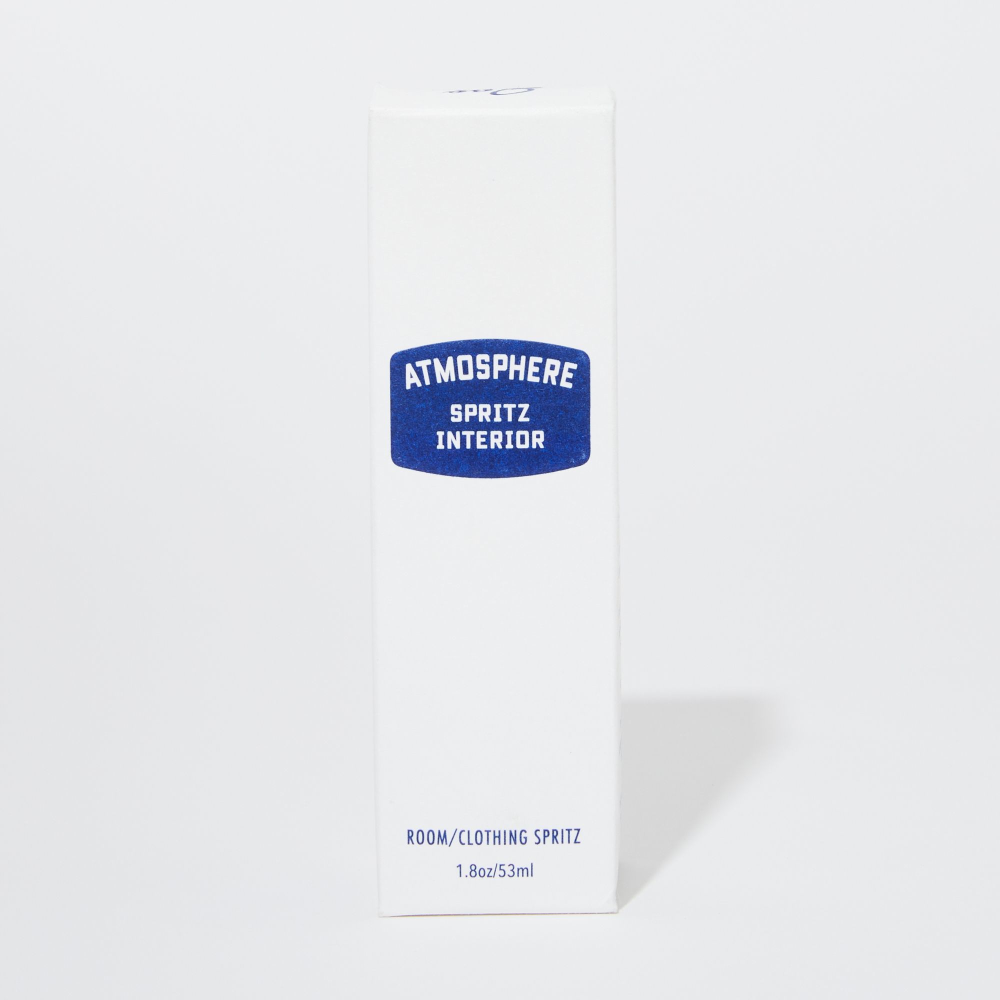 White box with a blue label that reads "Atmosphere Spritz Interior" "Room/clothing spray"