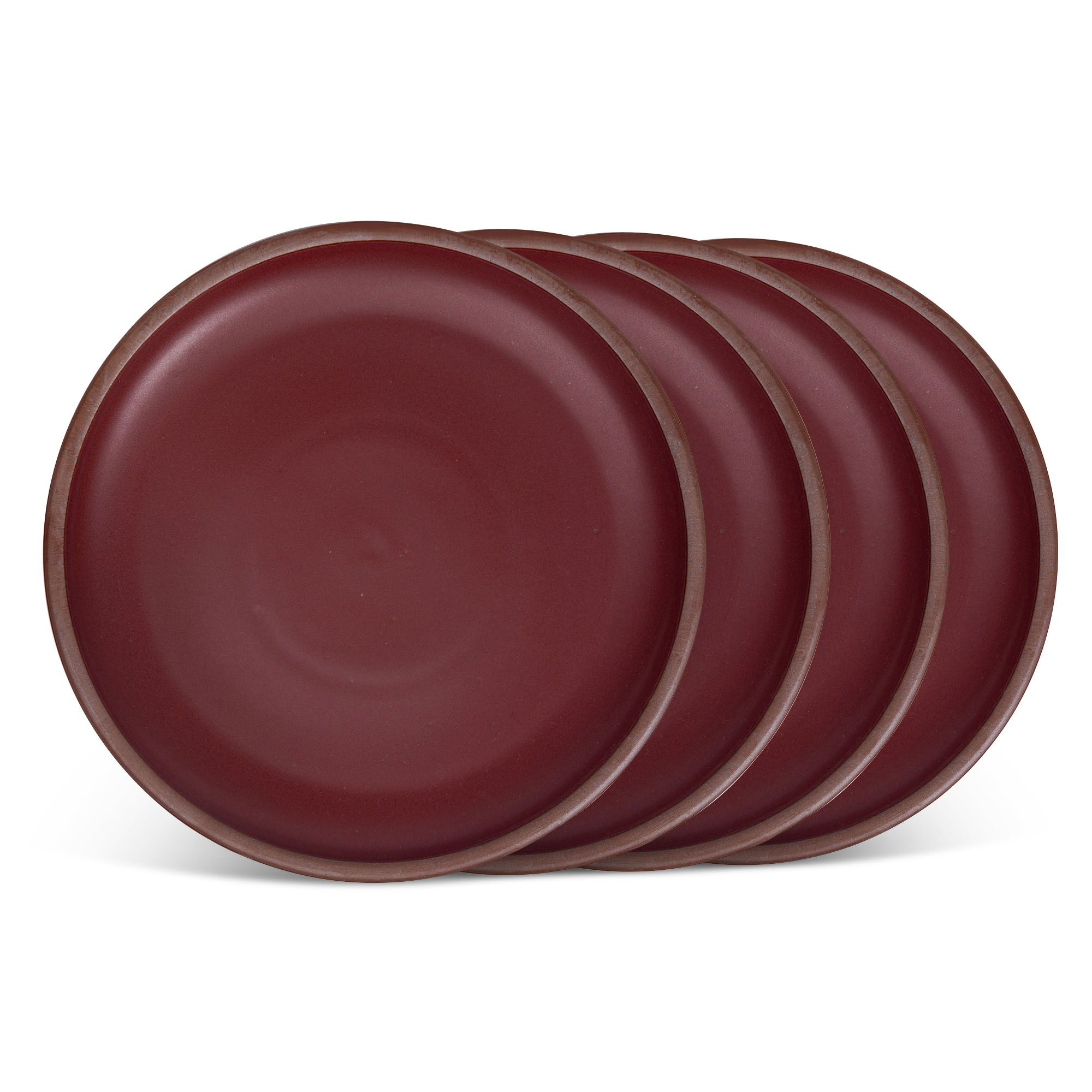 4 dinner sized ceramic plates in a plum color featuring iron speckles and an unglazed rim