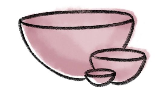 A simple crayon drawing of 3 bowls in tiny, medium, and large sizes with a watercolor wash in a mauve pink color