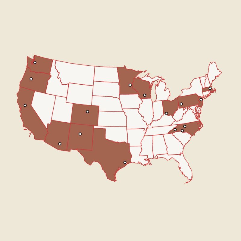 A map of the United States with states highlighted in a terracotta color that we are visiting in 2026.