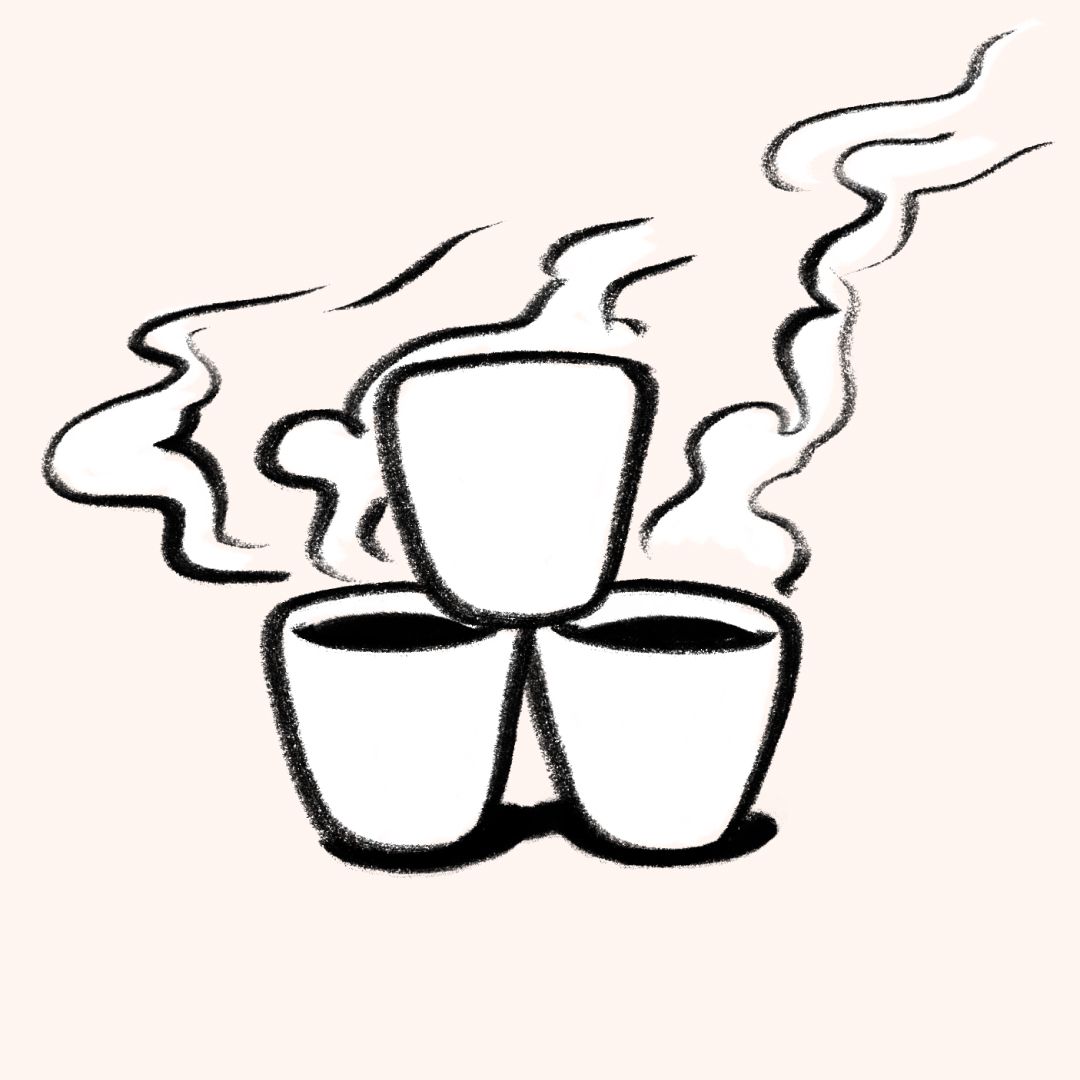 A black and white charcoal drawing of 3 Kulhad cups with coffee smoke coming out of the tops.