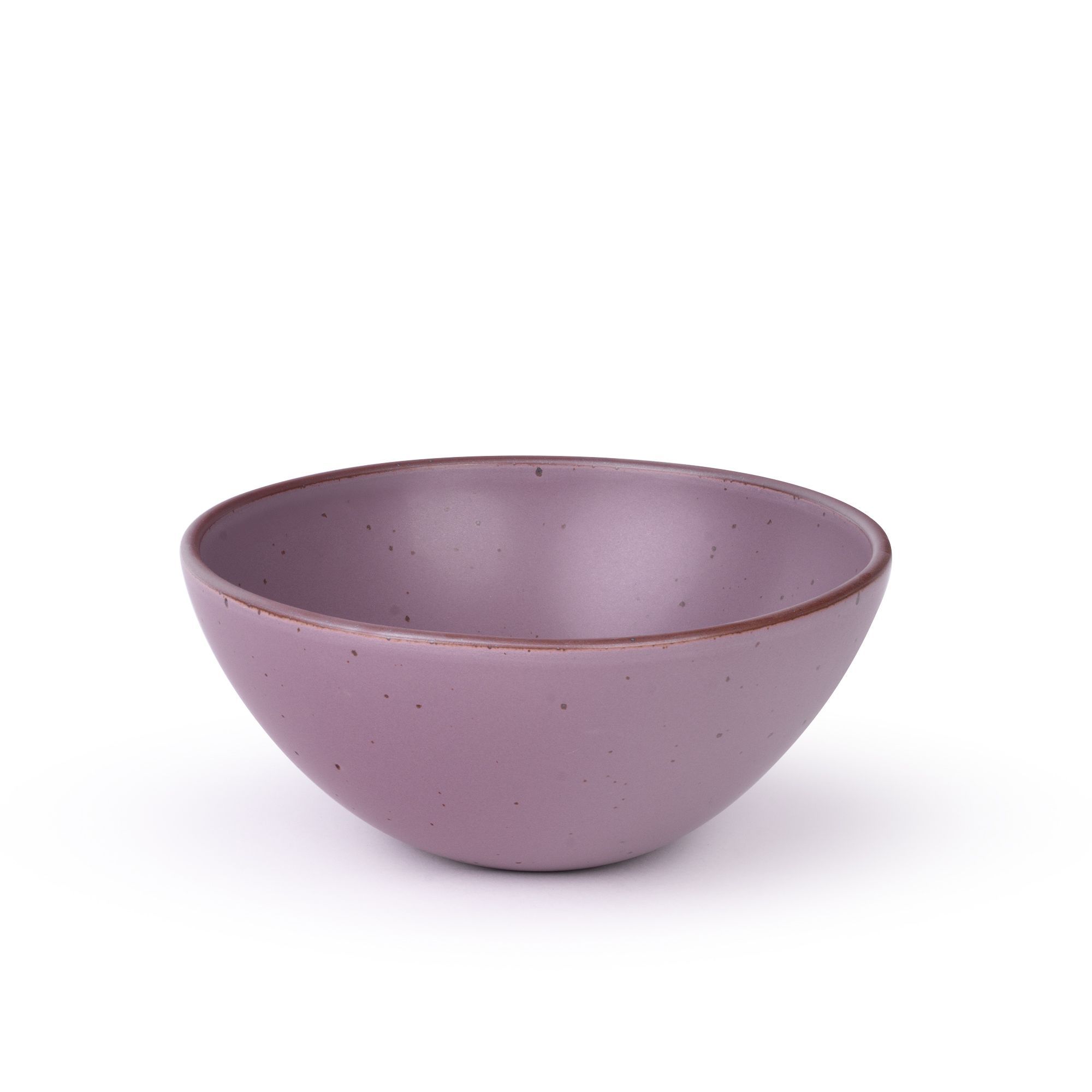 A large rounded ceramic bowl in a soft mauve purple color featuring iron speckles and an unglazed rim