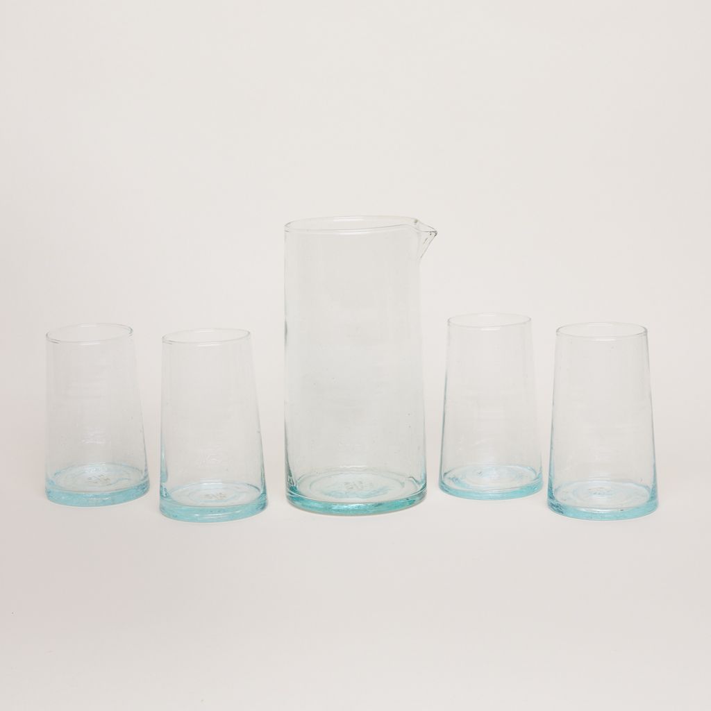 Recycled Moroccan glassware set. Comes with pitcher and four glasses available in three sizes.