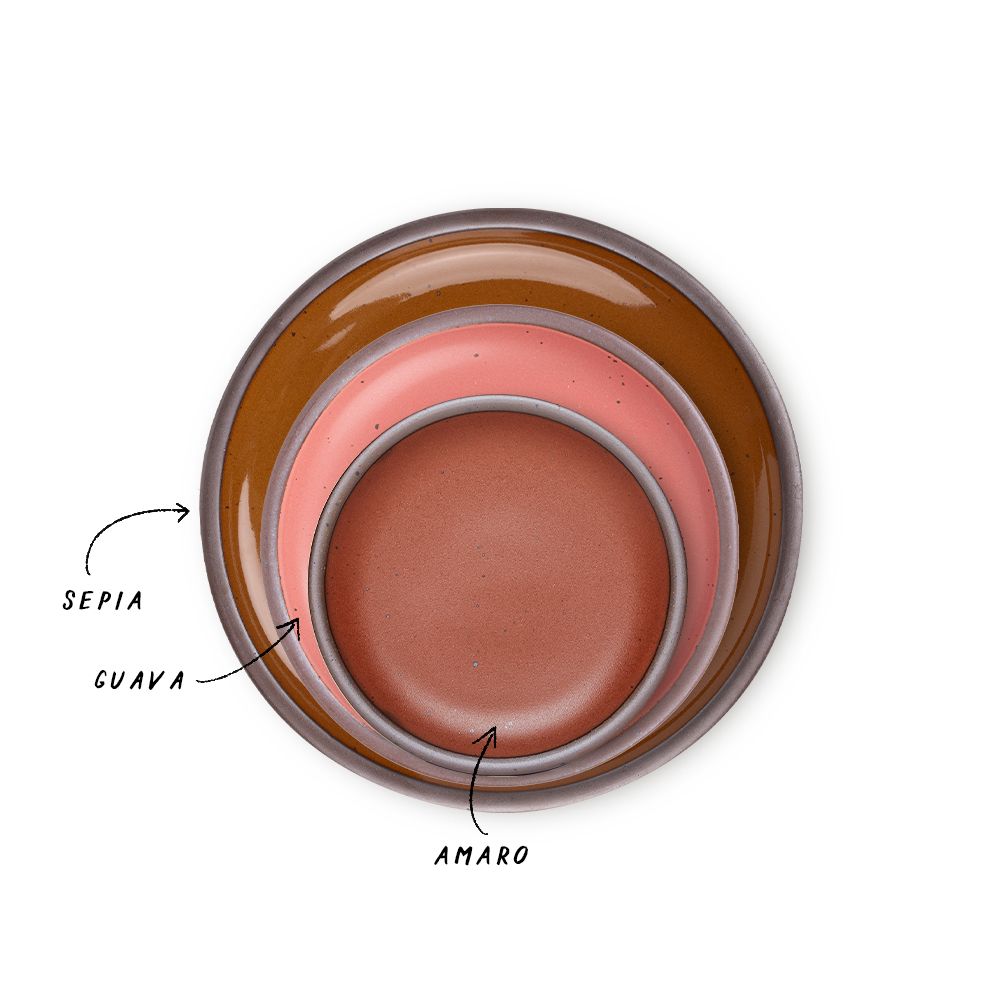 A stack of 3 plates in Dinner, Side, and Cake sizes in a glossy caramel brown, watermelon pink, and cool terracotta colors.