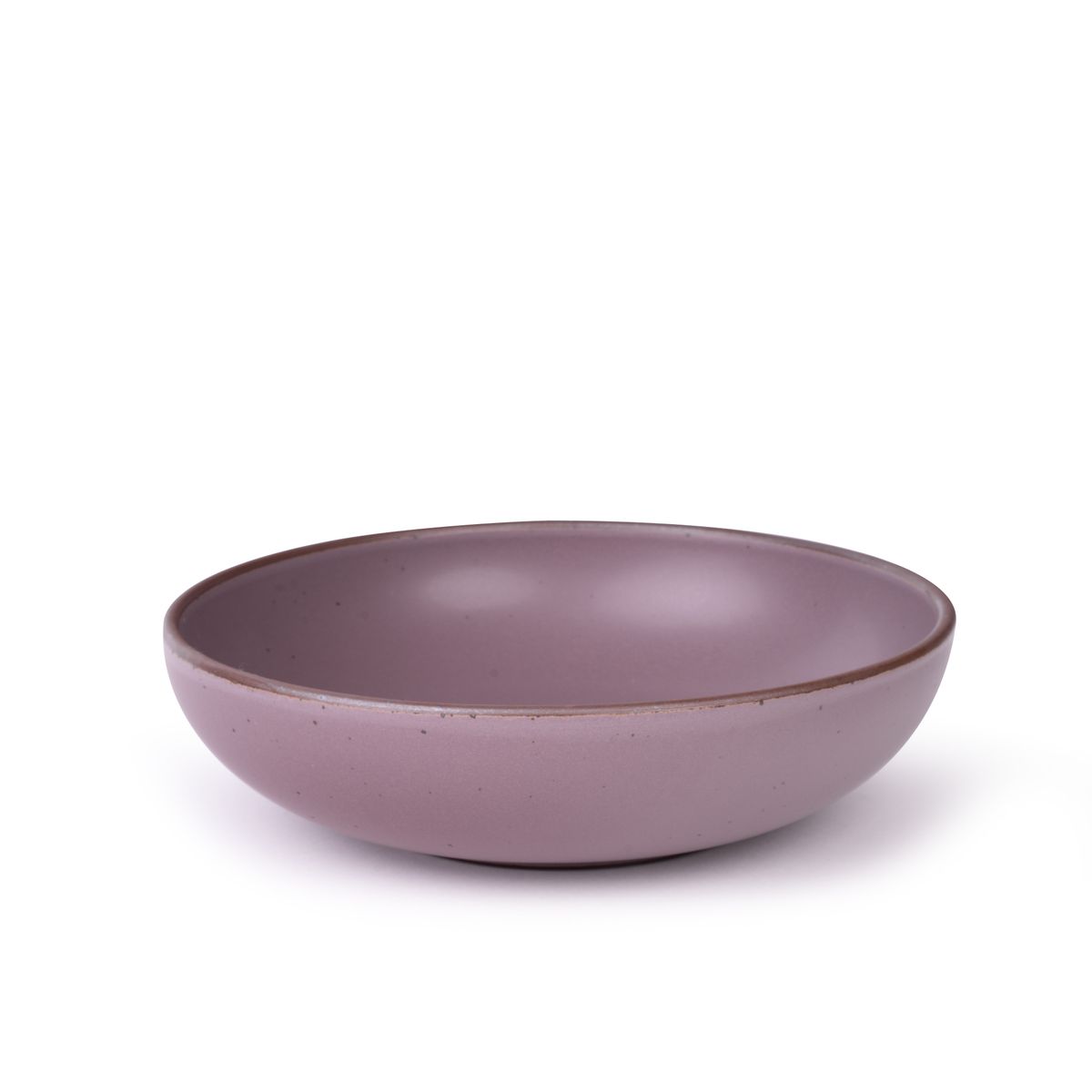 A large shallow serving ceramic bowl in a soft, mauve purple color featuring iron speckles and an unglazed rim.