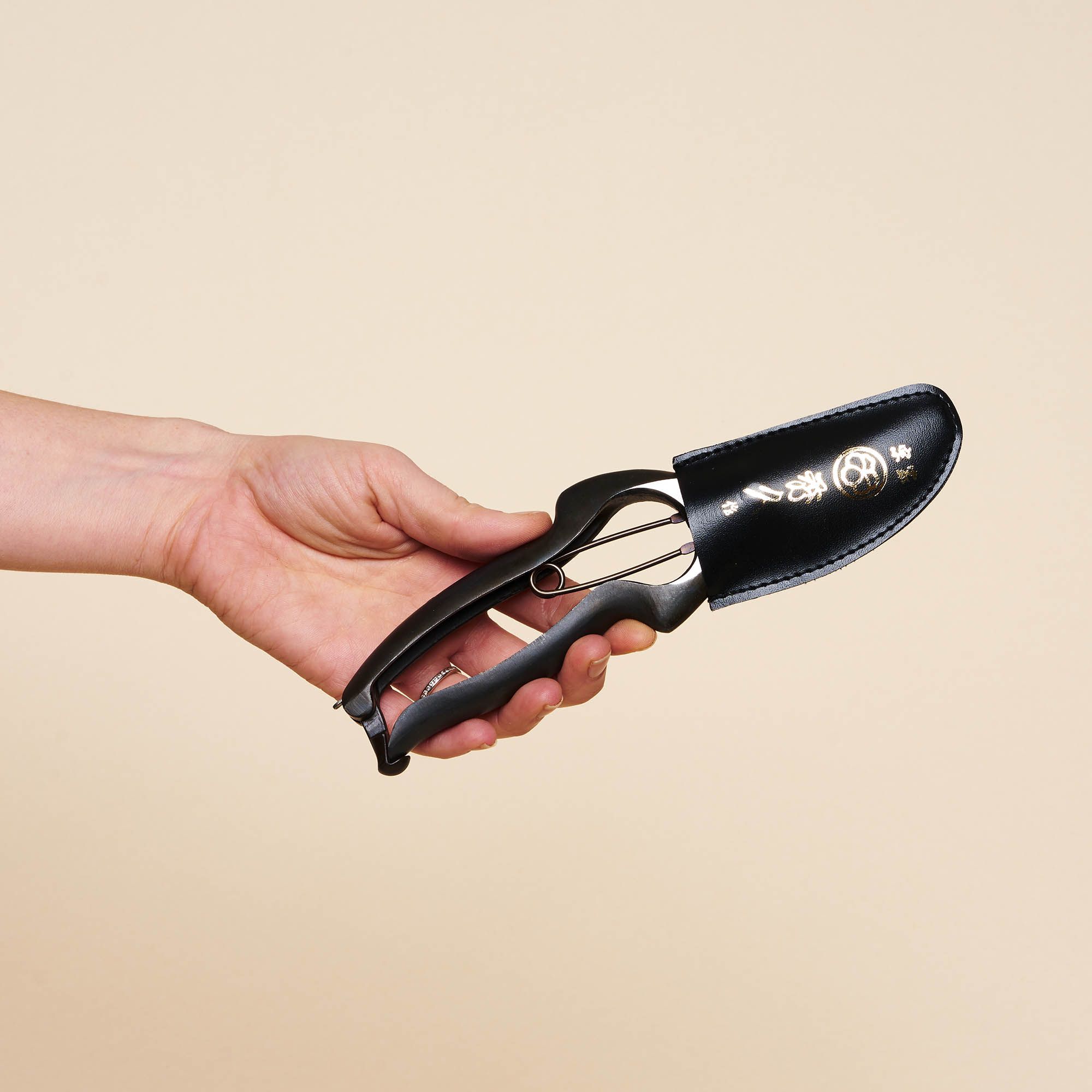 A hand holding sharp gardening pruning shears with a black handle, with a black leather sheath.