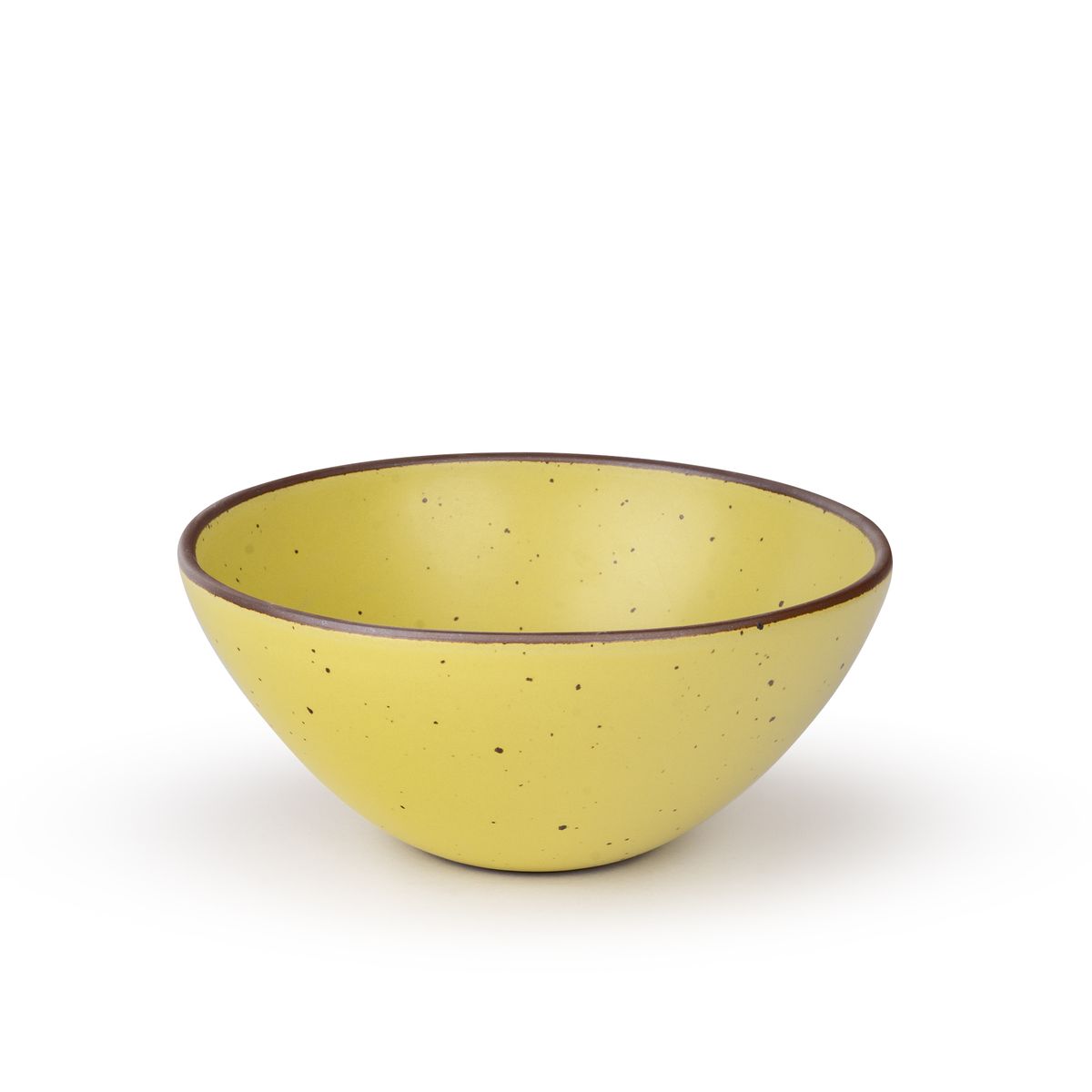 A large rounded ceramic bowl in a zesty yellow color featuring iron speckles and an unglazed rim