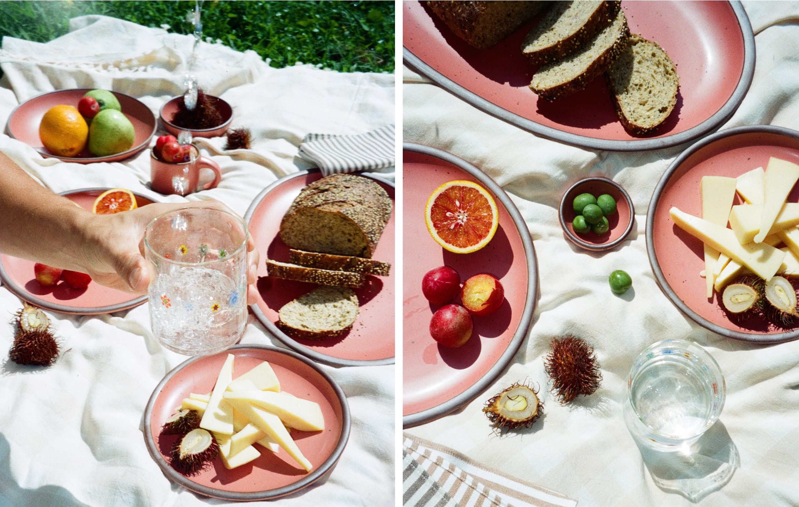 Two photos of a picnic scene with Guava plates, fresh fruit, cheese, seeded bread, and sparkling water in a floral glass on a white blanket.