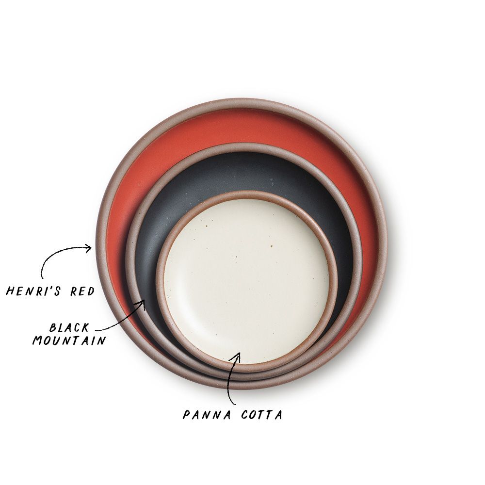 A stack of 3 plates in Dinner, Side, and Cake sizes in a bold red, graphite black, and warm off-white colors.