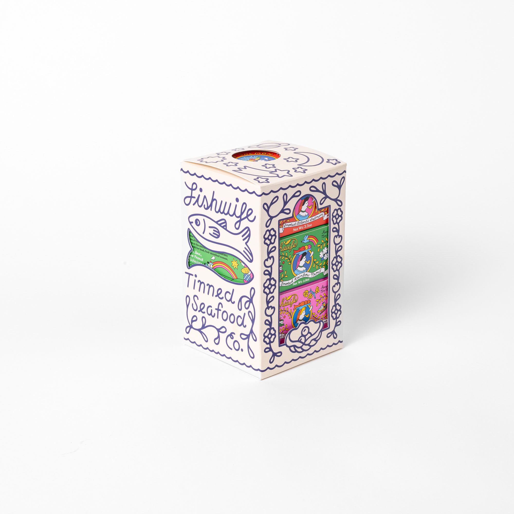 An illustrated box of tinned fish