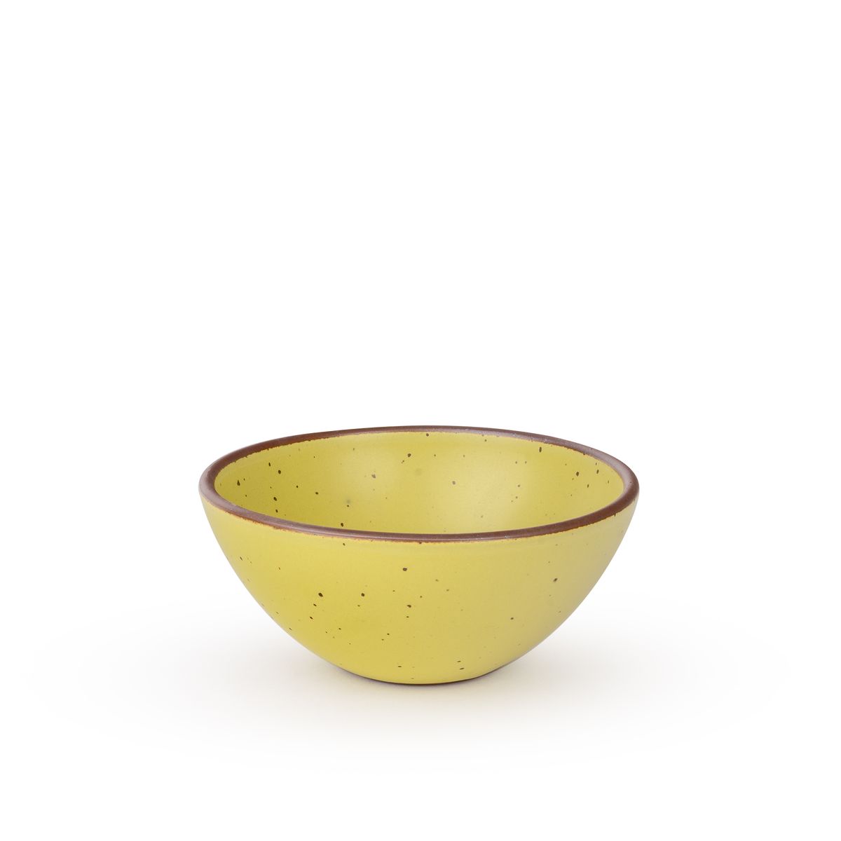 A medium rounded ceramic bowl in a zesty yellow color featuring iron speckles and an unglazed rim