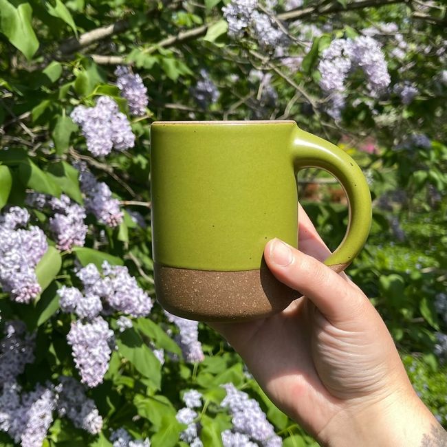 A arm with a cactus tattoo holds up an East Fork Mug in Fiddlehead, a grassy, springy green, in front of a wisteria tree with green leaves and light purple droopy flowers