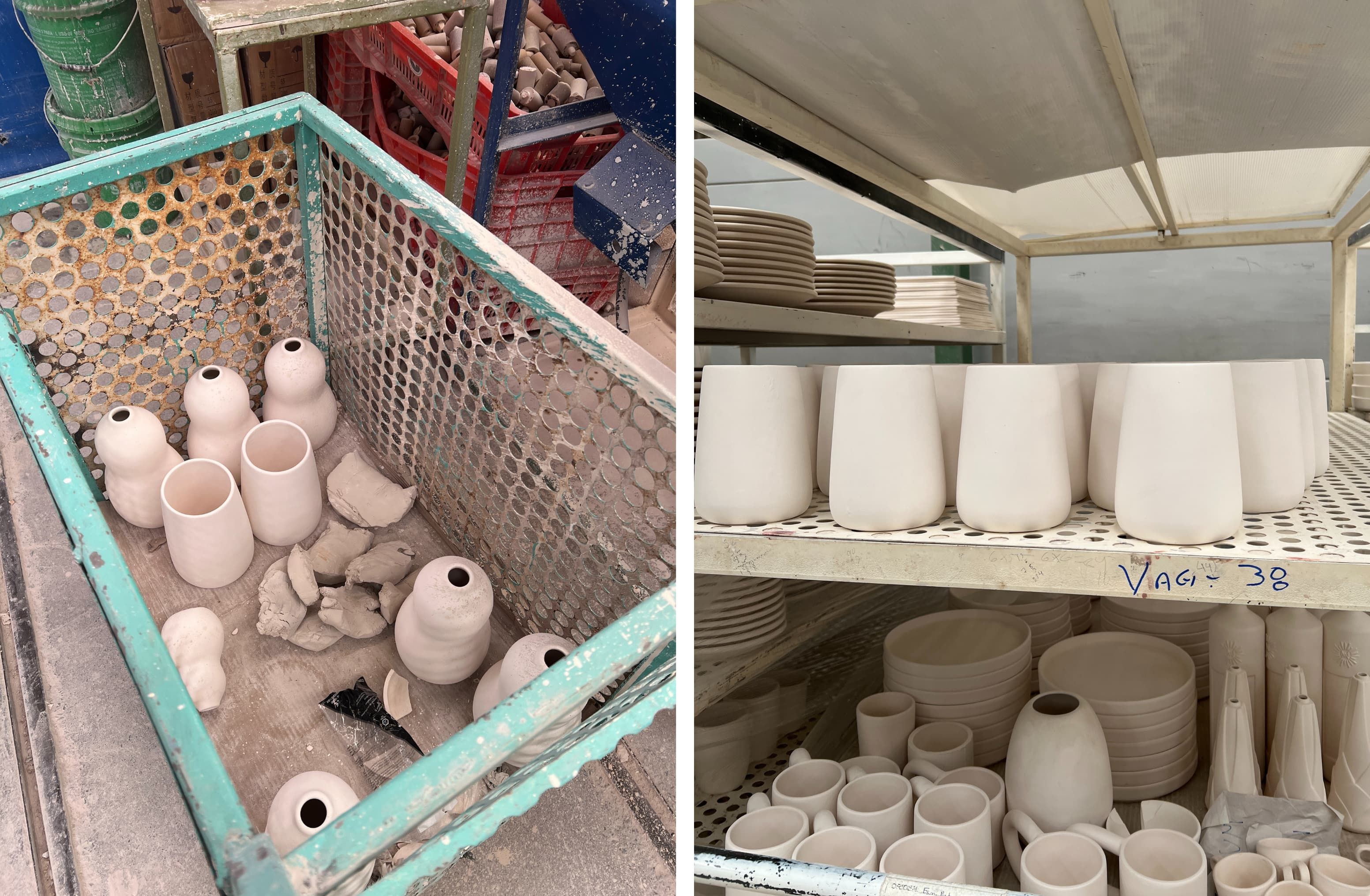 Two side by side images of unglazed, white ceramic vases on shelves and in a cart in a factory setting.