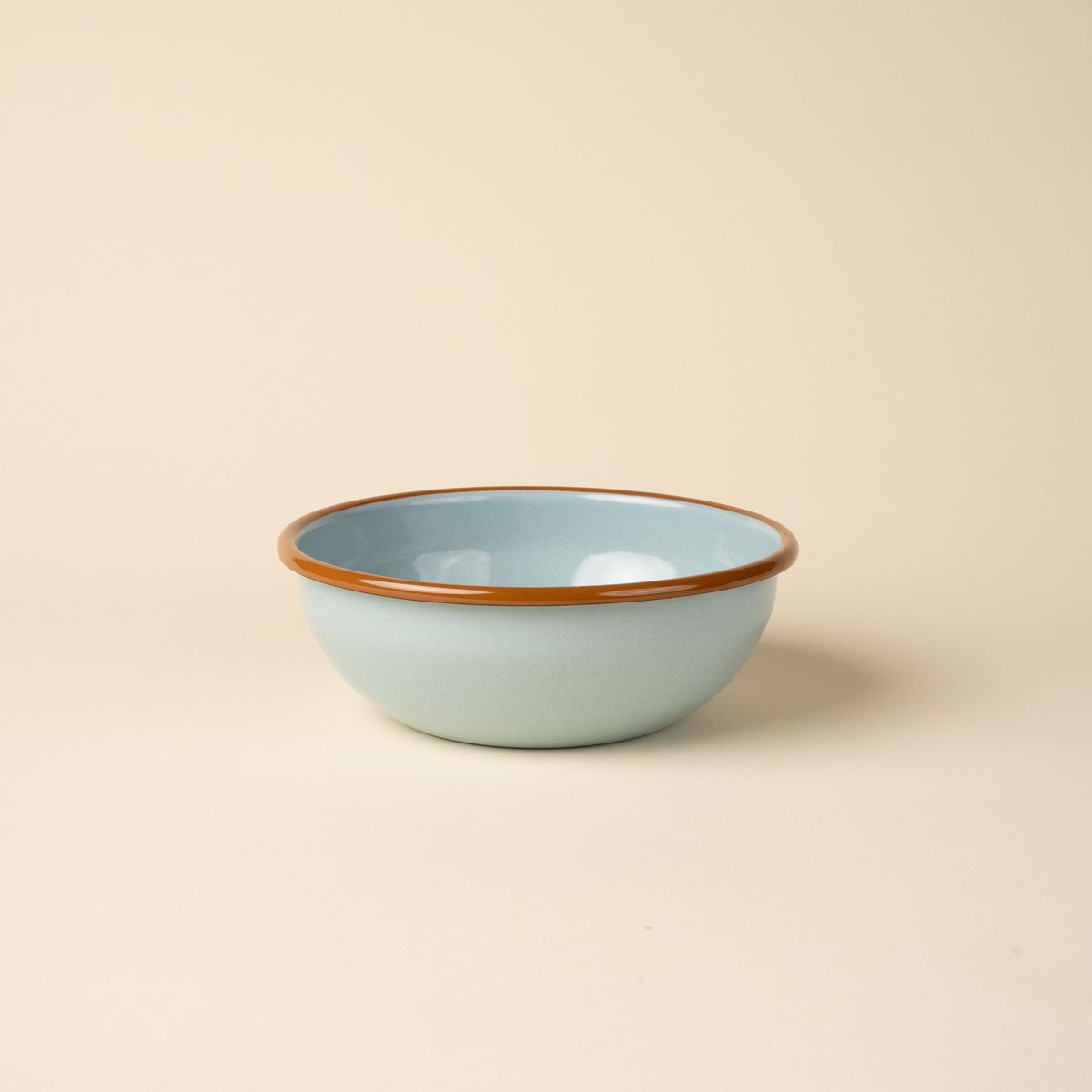 A medium enamel bowl in robin's egg blue with a warm brown rim.
