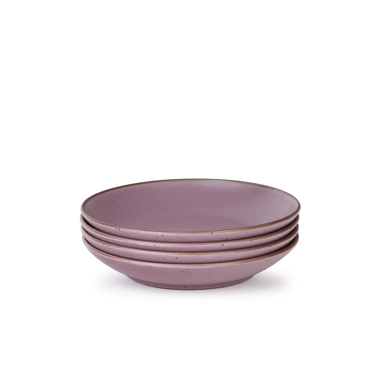 A stack of 4 large ceramic plates with a curved bowl edge in a soft, mauve purple color featuring iron speckles and an unglazed rim.