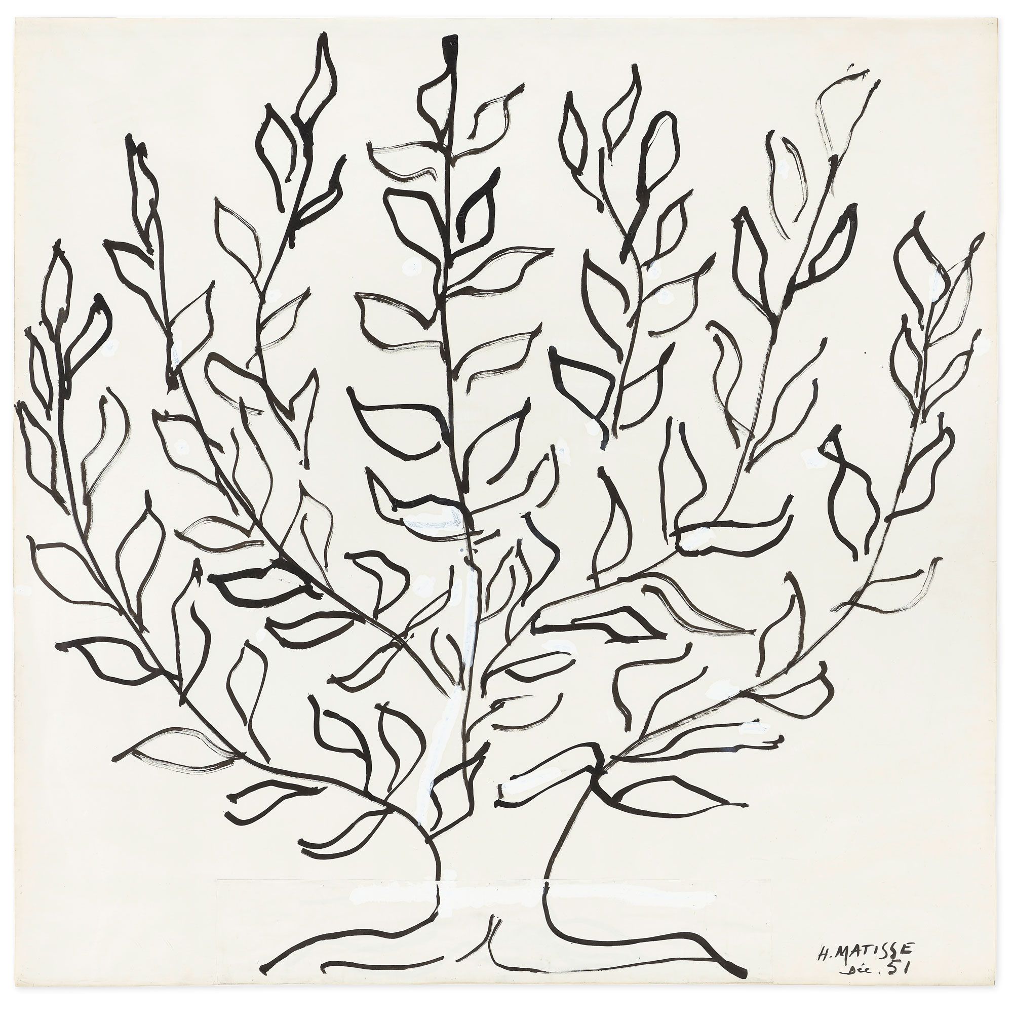 Original artwork, Le Platane, by Henri Matisse, a drawing in black ink of a plane tree.