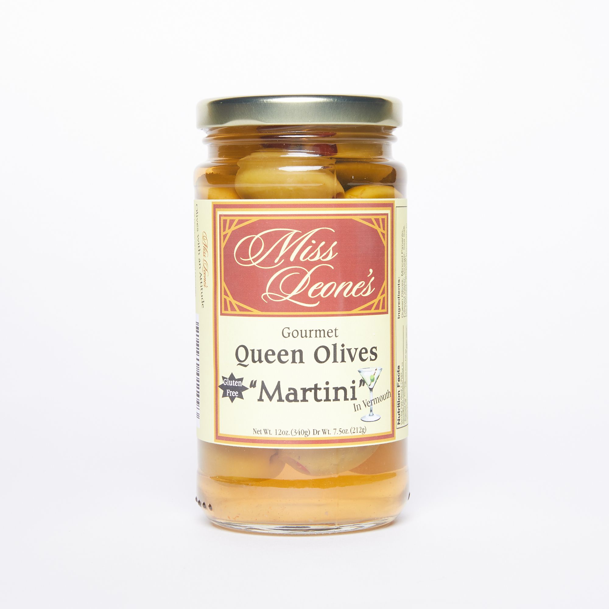 Glass jar full of olives in liquid with a multicolor label that reads "Miss Leone's Gourmet Queen Olives Martini"