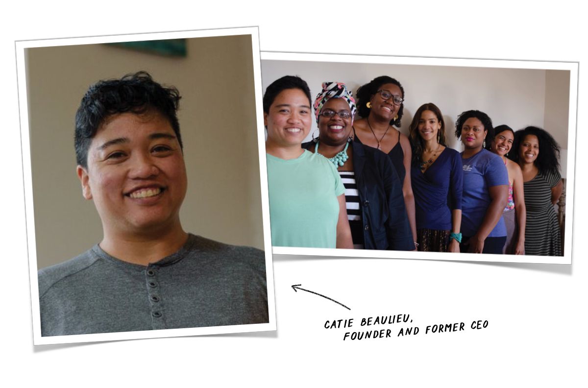 A graphic of overlayed photos - 1 with a person wearing a grey shirt and smiling, another with a row of 7 people smiling, and a caption that reads "Catie Beaulieu, Founder and Former CEO"