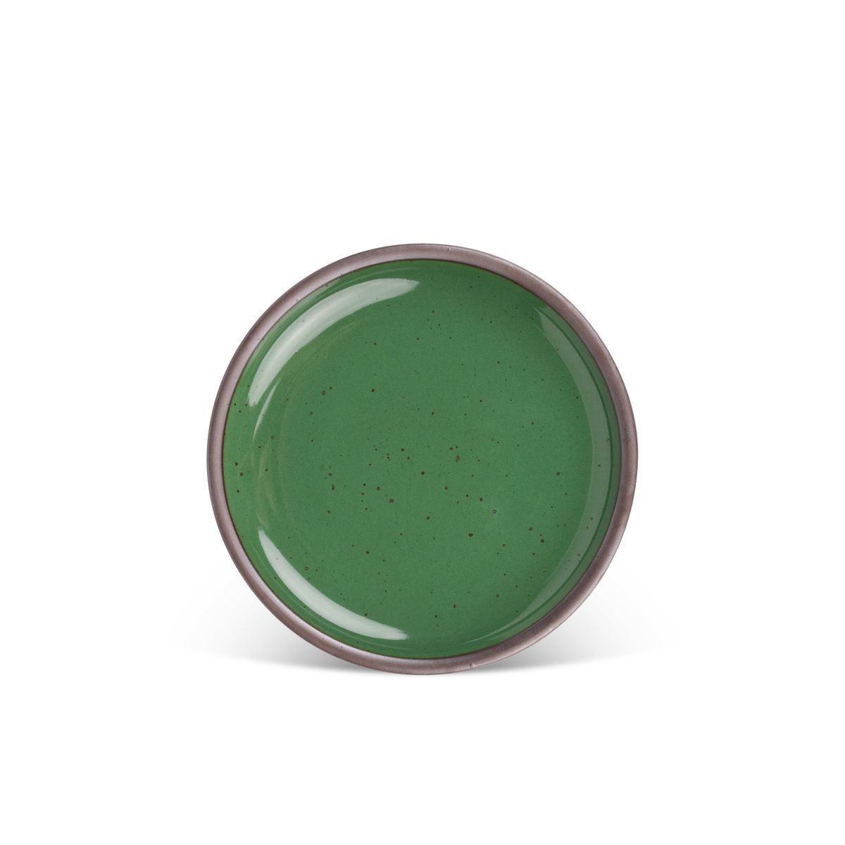 A medium sized ceramic plate in a glossy emerald green color featuring iron speckles and an unglazed rim.